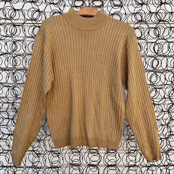 Vintage 90s Ashley Hill gold metallic stripe knit turtleneck sweater - Picture 1 of 4